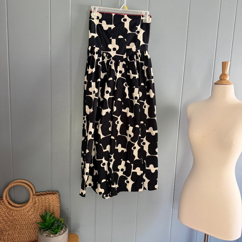Bel Kazan Strapless Smocked Midi Dress Black Cream Geometric Abstract Boho Sz M - Picture 7 of 13